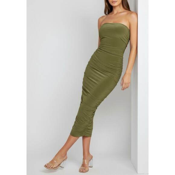Norma Kamali Dresses & Skirts - Norma Kamali Strapless Diana Ruched Dress Stretch Midi Olive Green Size XL